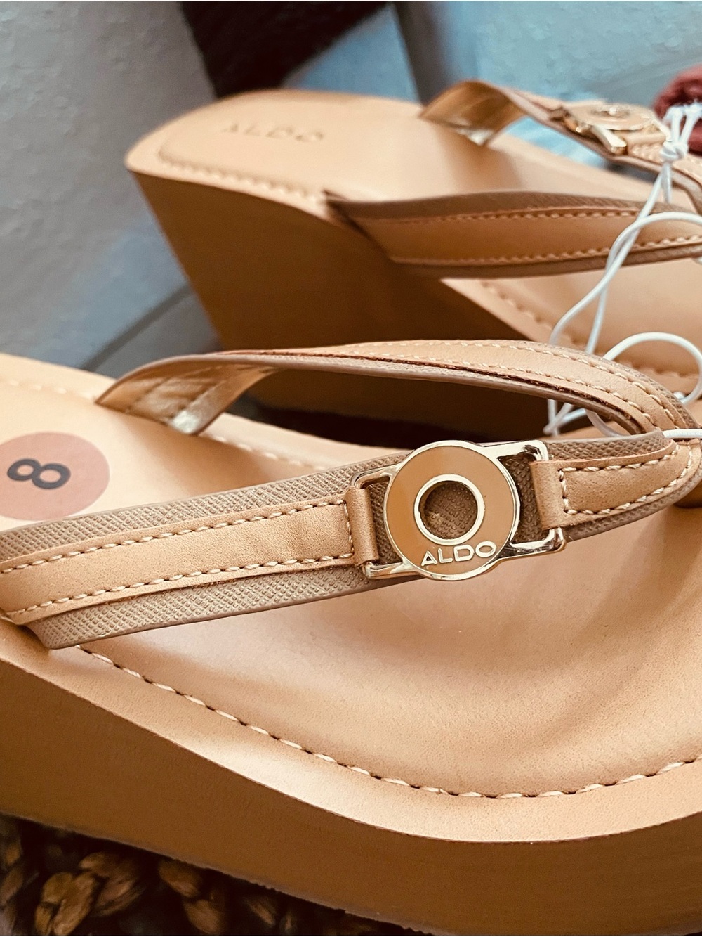 ALDO Tan Strappy Wedge Sandals with Gold Accent